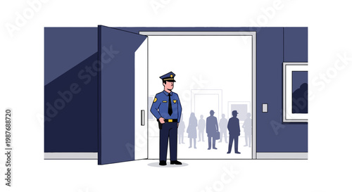 Security Guard in Uniform Standing at Entrance Vector Illustration