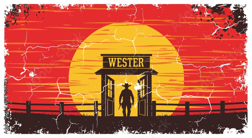 Vintage Cowboy Silhouette Entering Western Tavern at Sunset