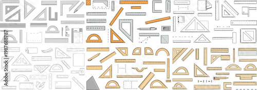 A diverse collection of rulers, triangles, and protractors in various shapes and sizes, perfect for precise measurements.