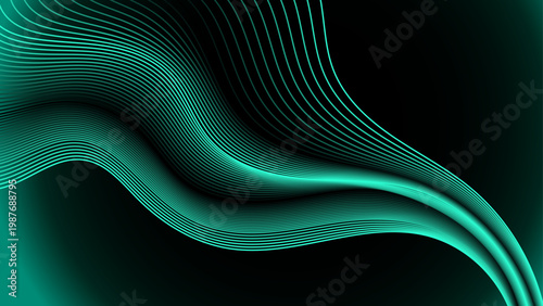 Abstract teal cyan glowing wavy lines with dynamic motion on black background