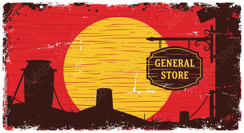 Vintage Western General Store Sign Silhouette Against Sunset