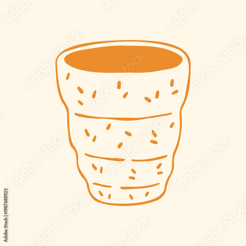 Hand drawn vector illustration of a rustic handmade pottery mug with rough texture, horizontal yellow stripes. Cozy doodle graphic of ceramic coffee cup for farmhouse kitchen interior or craft market