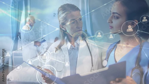 Opening blue folder, Dr white-coat and nurse blue scrubs reviewing chart for care in ward, overlay