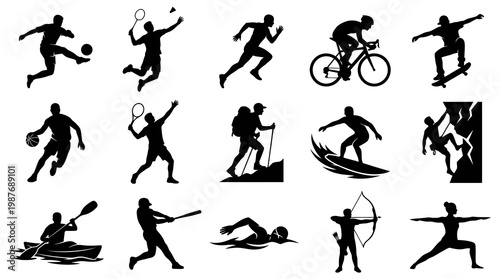 Collection of Diverse Sports  Fitness Activity Silhouettes Vector Icons - Black  White