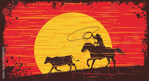 Vintage Cowboy Lassoing a Cow Silhouette at Sunset