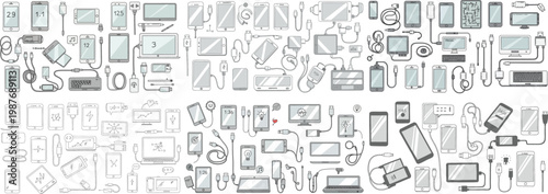 A wide variety of electronic devices and accessories arranged in a seamless pattern.
