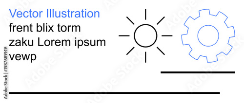 Energy, technology, innovation, progress, renewable sources, industrial design. Minimalistic sun and gear symbols. Energy and technology concepts through simple graphic elements
