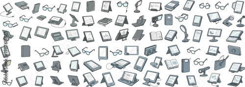 A diverse collection of e-readers, books, and reading glasses in a minimalist design.