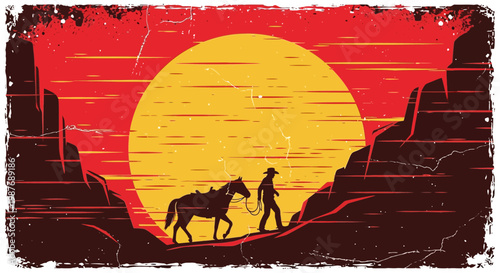Cowboy Leading Horse Through Canyon Sunset Vintage Vector