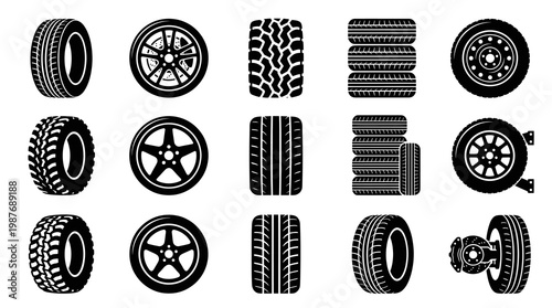 Black and White Icons of Car Wheels and Tires, Vector Set