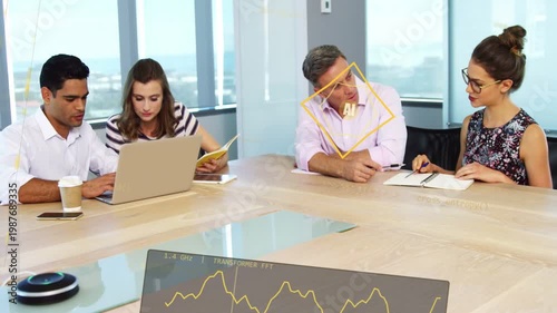 Team working business right pair writing and causing AI overlay framing head showing yellow chart