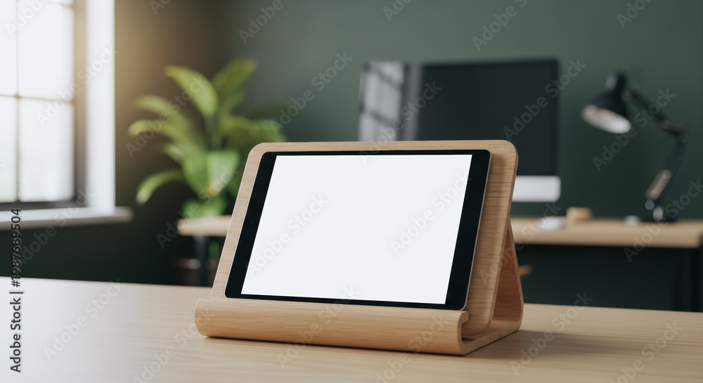 Fototapeta premium Digital tablet with blank white screen on wooden stand in modern minimalist home office workspace mockup