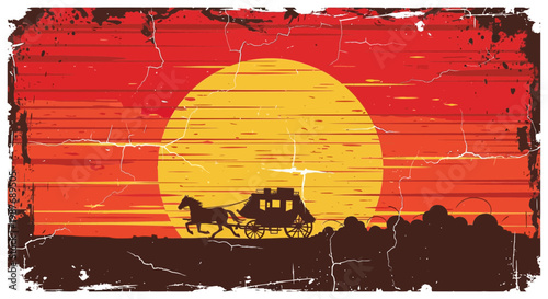 Vintage Western Stagecoach Silhouette at Sunset Grunge Art