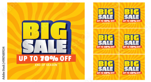 Big Sale End of Season Banner Collection – 10% to 70% Off Yellow Sunburst 3D Text Promotional Set