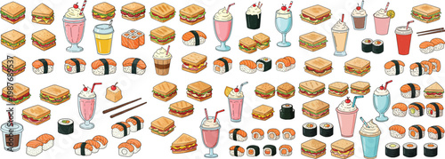 Colorful array of various foods including sandwiches, sushi, and drinks in a fun, cartoonish style.