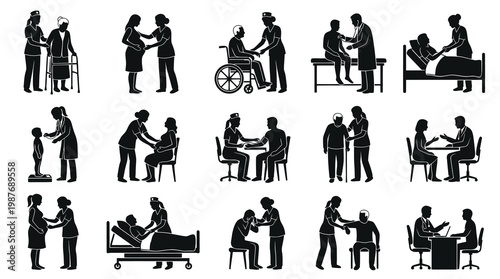 Medical Healthcare Patient Care Services Silhouette Glyph Icons Set