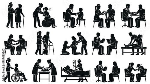 Medical Healthcare Professional and Patient Care Silhouettes Glyph Vector Icons