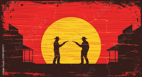 Wild West Cowboy Duel at Sunset Vintage Grunge Vector Art