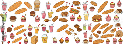 A vibrant assortment of desserts and baked goods including cupcakes, cookies, and drinks.