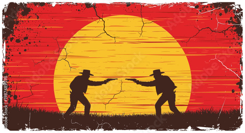 Wild West Cowboy Duel Standoff Silhouette Against Sunset