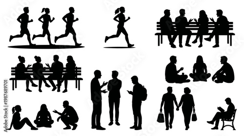 Diverse Human Activity Black Silhouettes Vector Set for Lifestyle and Communication Concepts