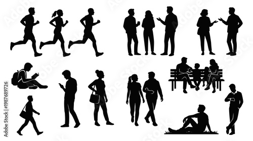 Diverse People Silhouettes Vector Set: Lifestyle, Communication, Fitness  Social Interaction