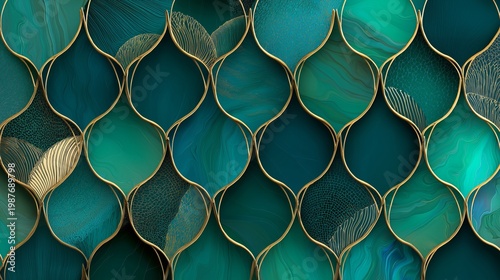 Gold lines form pattern. Green tones look rich. Scene feels elegant. Decorative abstract background with emerald textures and golden geometric shapes. Luxury design