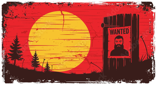 Wild West Wanted Poster with Sunset Silhouette Grunge Background