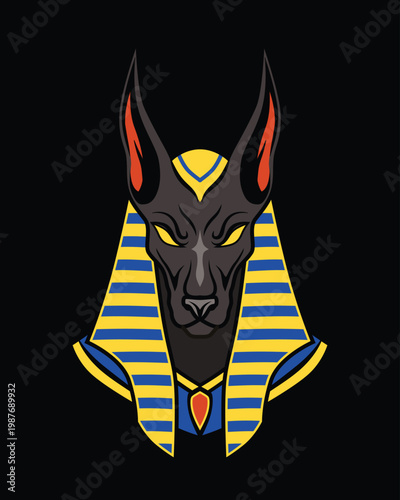 Flat vector illustration of Anubis, the ancient Egyptian god of the dead, depicted as a black jackal with yellow eyes and a gold-blue pharaoh headdress. The design features clean lines, bold colors, a