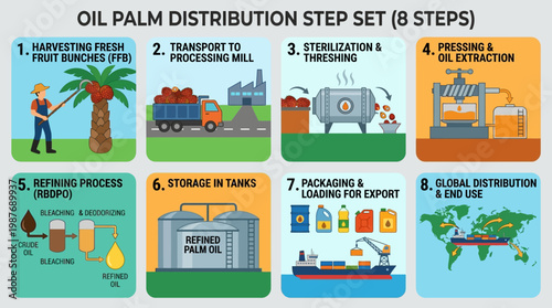 Palm oil production process steps infographic set