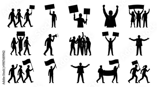 Black White Silhouette People Protest Icons. Activism, Demonstration  Social Movement Glyphs.