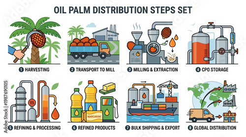 Oil palm distribution process steps illustrated harvesting to global