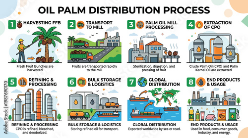 The oil palm distribution process from harvesting to end products usage