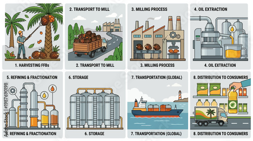 Palm oil production process steps illustration, from harvesting fresh fruit bunches to distribution, showing each stage of manufacturing and logistics.