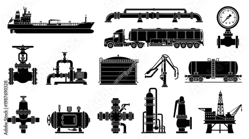 Oil and Gas Industry Icons: Ship, Truck, Refinery, Rig, Pumps, Valves, Gauge