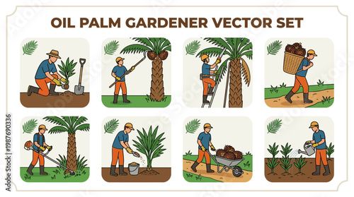 Oil palm gardener vector set with eight scenes of workers planting, maintaining, harvesting, and tending to palm trees with various gardening tools