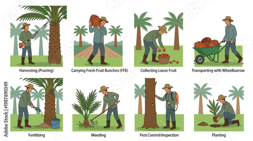 Palm tree cultivation process steps infographic with worker