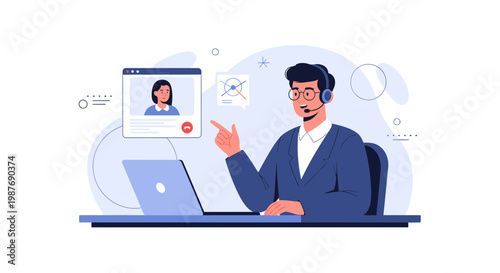 Customer service agent on video call, online support, remote work, business communication