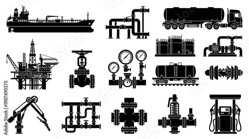 Black and White Oil and Gas Industry Icons Set Vector
