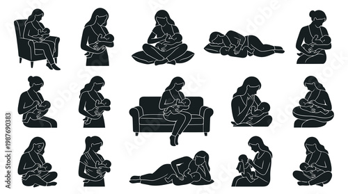 Breastfeeding mother and baby silhouette icon set, nursing parent childcare art