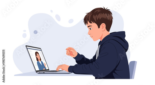 Boy learning online via laptop, video call with teacher, remote education concept