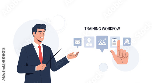 Business man presenting training workflow with icons and hand interaction