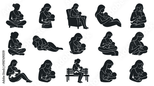 Black  White Mother Breastfeeding Baby Icon Set, Parenting  Family Love
