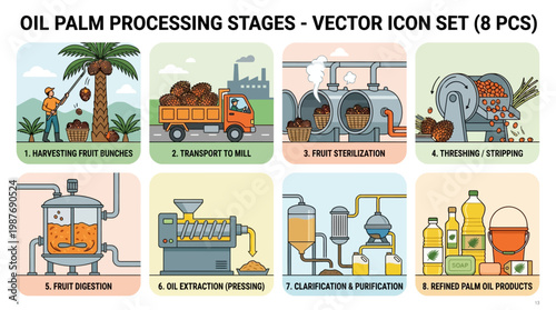 Oil palm processing stages vector icons set shows harvesting, transport, sterilization, threshing, digestion, extraction, clarification, and refined products