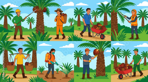 Palm oil plantation workers harvesting fruits in a tropical setting with various tasks