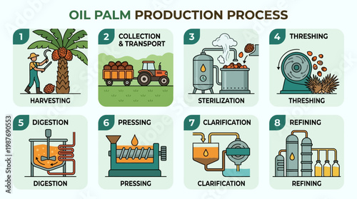 Oil palm production process steps illustrated harvesting to refining