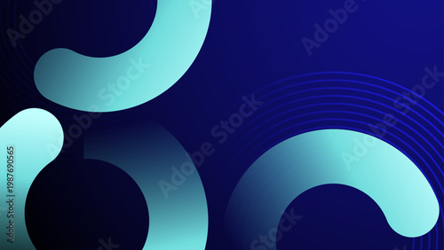 High tech dark blue background with vibrant cyan 3d curved shapes thin line rings and professional clean geometric aesthetics