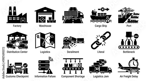 Logistics Icons Set: Industry, Warehouse, Transport, Shipping, Delivery, Supply Chain