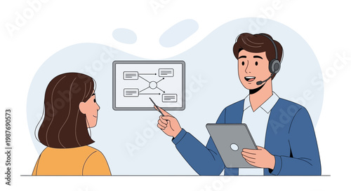 Business meeting: man explains flowchart on whiteboard to woman, digital tablet