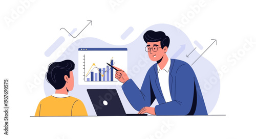 Business meeting: man pointing at graph on laptop screen to colleague, analysis